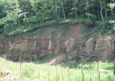 PL566 Dam: Sandstone cliffs remain where a Coon Creek Watershed flood control dam failed during August 2018's catastrophic flooding. Following the flood, the Natural Resources Conservation Service issued an unprecedented, formal recommendation to decommission all 14 of the watershed's aging flood control dams. Photo: Rebecca Lave.